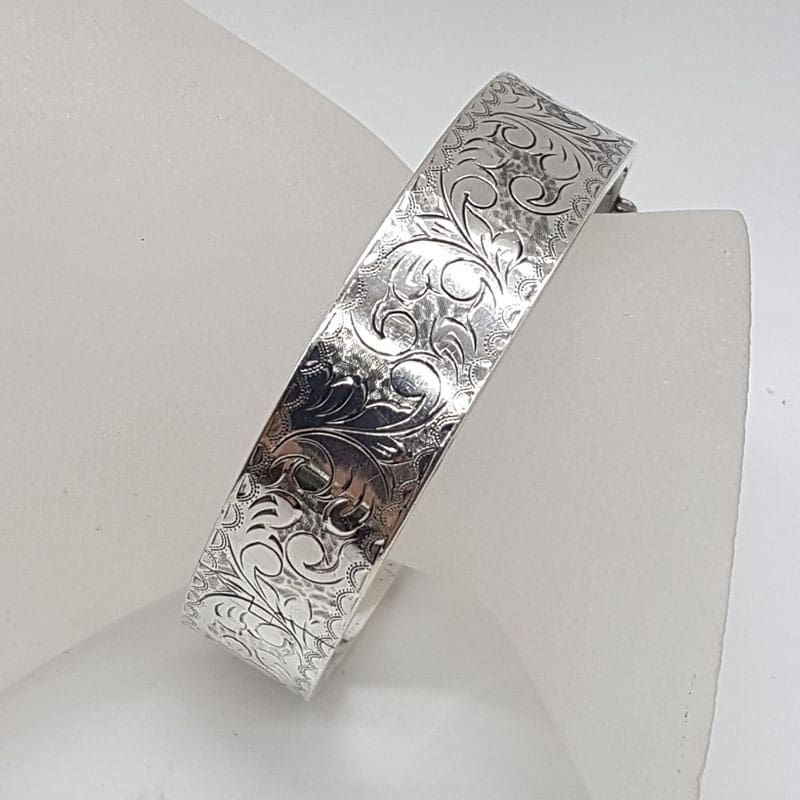Sterling Silver Wide Ornate Etched Floral Motif Hinged Bangle - Antique / Vintage