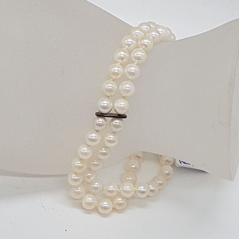 Sterling Silver Cultured Pearl 5mm Two Strand Bracelet with Ornate Clasp - Antique / Vintage