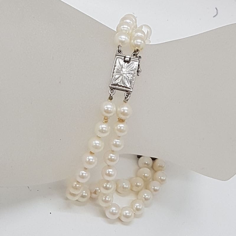Sterling Silver Cultured Pearl 5mm Two Strand Bracelet with Ornate Clasp - Antique / Vintage