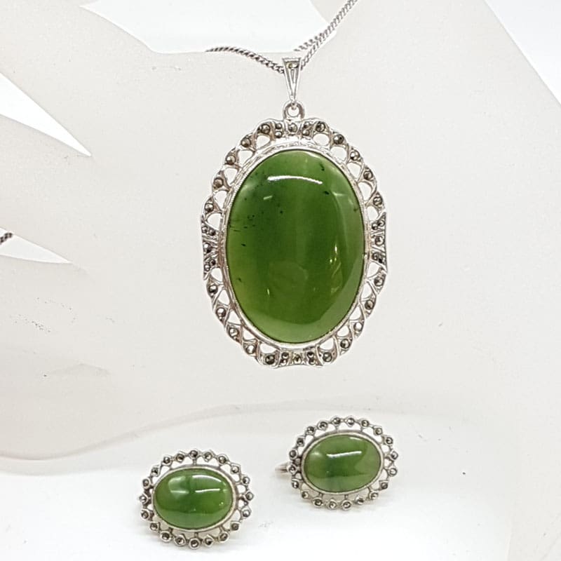 Sterlng Silver Large Oval New Zealand Green Stone Jade Surrounded by Marcasites Pendant Necklace on Chain with Matching Screw-On Earrings - Set. Antique / Vintage