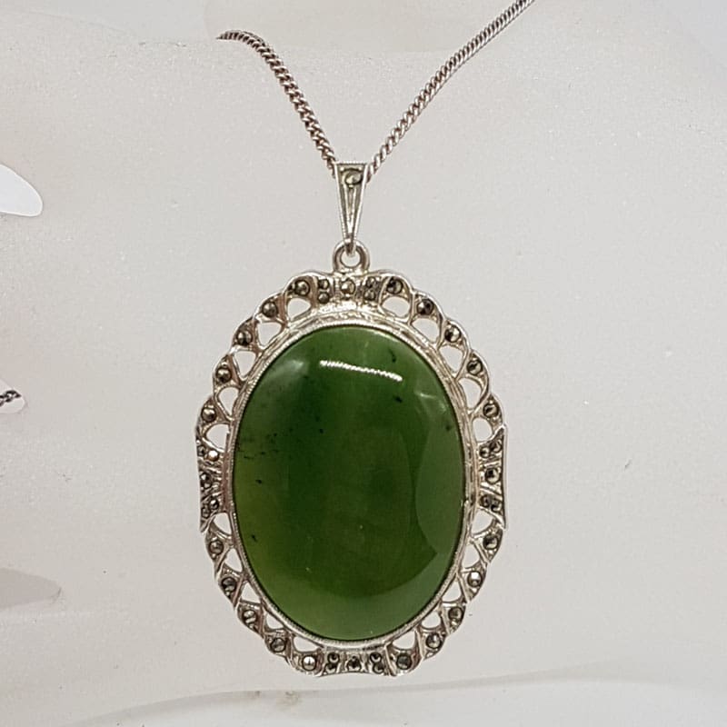 Sterlng Silver Large Oval New Zealand Green Stone Jade Surrounded by Marcasites Pendant Necklace on Chain with Matching Screw-On Earrings - Set. Antique / Vintage
