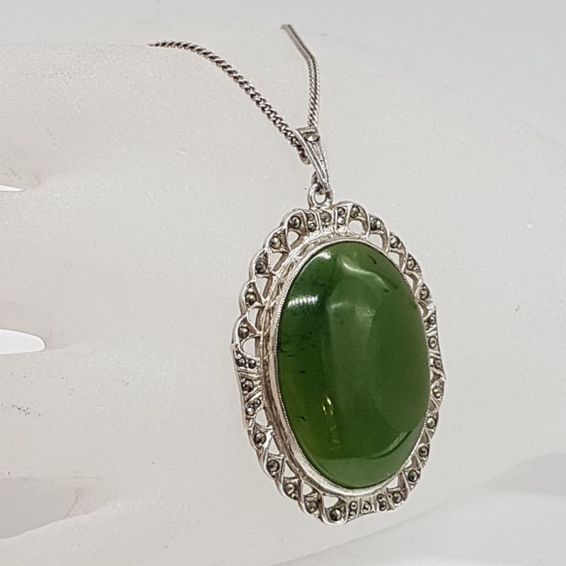 Sterlng Silver Large Oval New Zealand Green Stone Jade Surrounded by Marcasites Pendant Necklace on Chain with Matching Screw-On Earrings - Set. Antique / Vintage