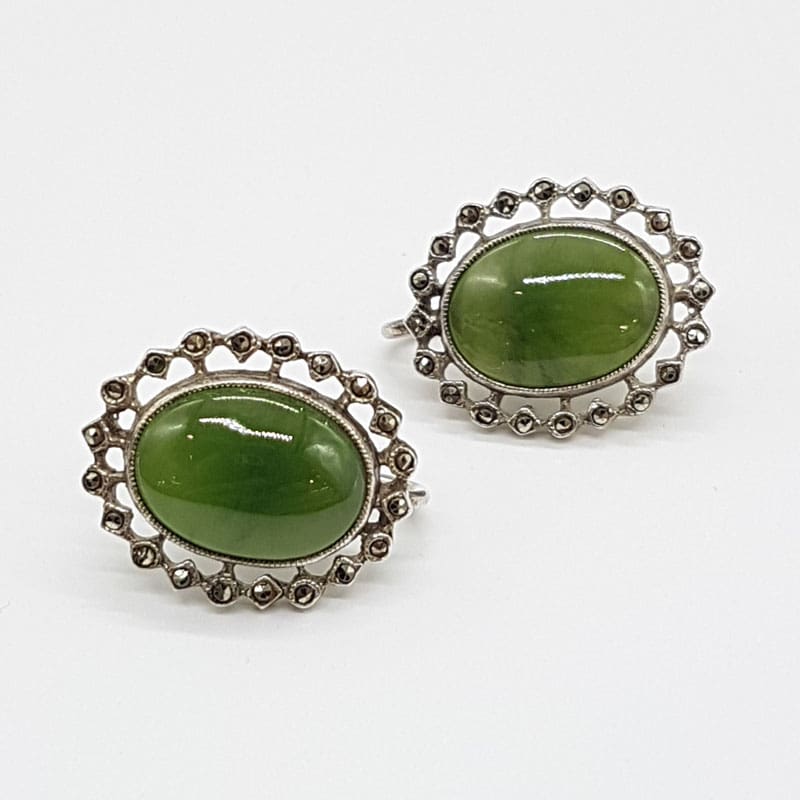Sterlng Silver Large Oval New Zealand Green Stone Jade Surrounded by Marcasites Pendant Necklace on Chain with Matching Screw-On Earrings - Set. Antique / Vintage