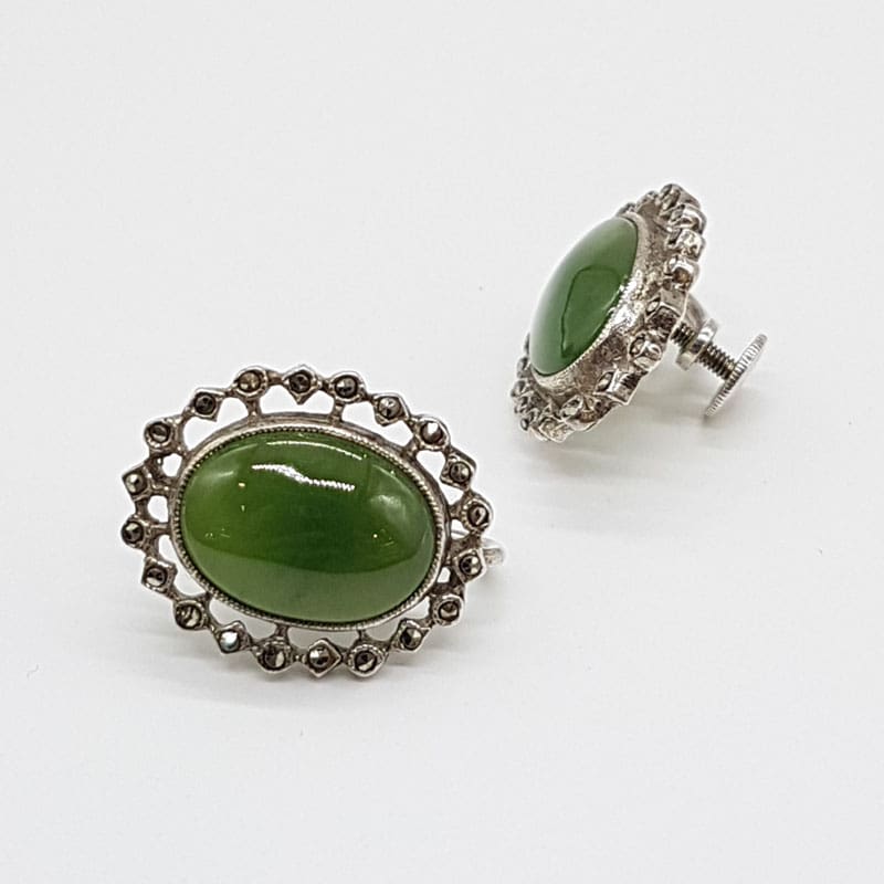 Sterlng Silver Large Oval New Zealand Green Stone Jade Surrounded by Marcasites Pendant Necklace on Chain with Matching Screw-On Earrings - Set. Antique / Vintage