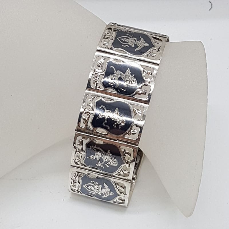 Sterling Silver Black Niello Enamel Wide Ornate Siam Bracelet with Dancing Ladies -  Antique / Vintage