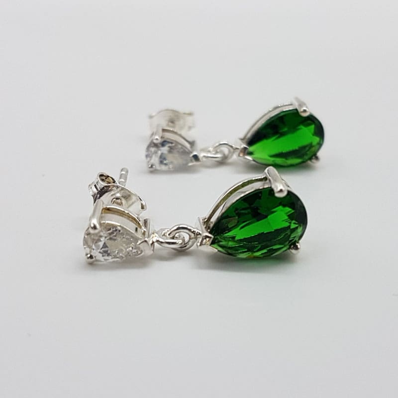 Sterling Silver Teardrop / Pear Shape Green with Cubic Zirconia Drop Earrings