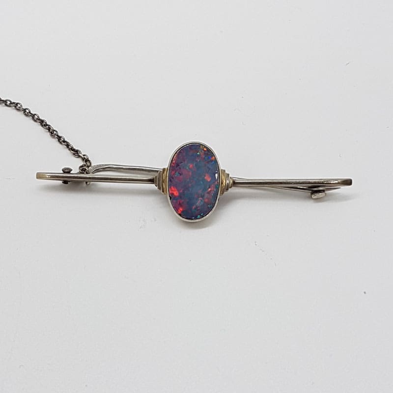 9ct White Gold Oval Opal Doublet Bar Brooch - Antique / Vintage