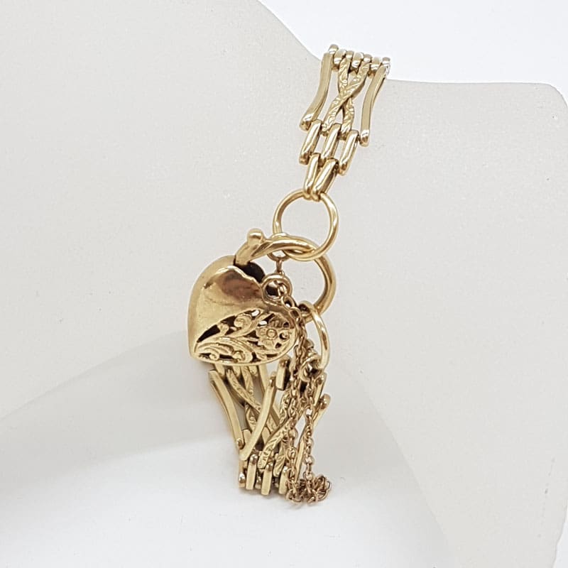 9ct Yellow Gold 4 Row Crossover Gate Link with Ornate Heart Padlock Bracelet - Vintage