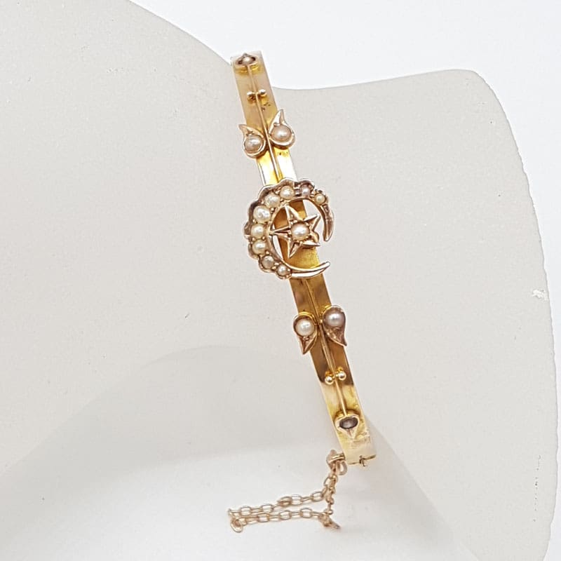 9ct Yellow Gold Victorian Crescent Moon and Star Seed Pearl Hinged Bangle - Antique / Vintage