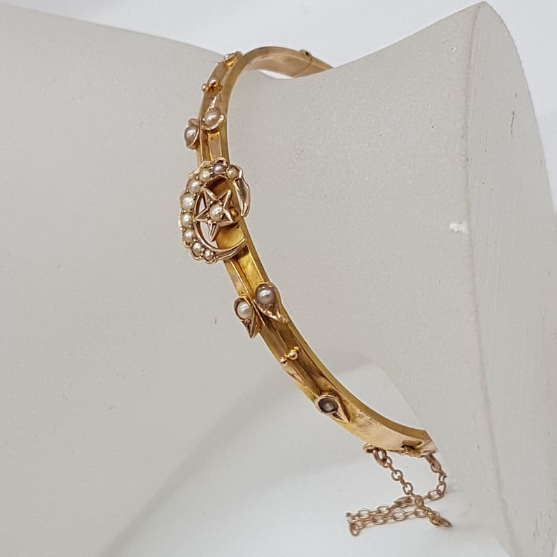 9ct Yellow Gold Victorian Crescent Moon and Star Seed Pearl Hinged Bangle - Antique / Vintage