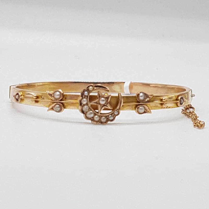 9ct Yellow Gold Victorian Crescent Moon and Star Seed Pearl Hinged Bangle - Antique / Vintage
