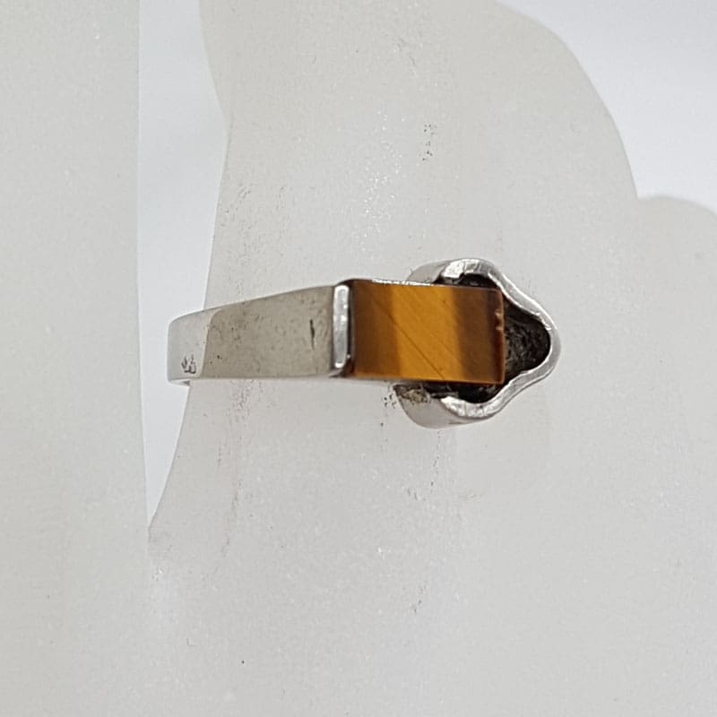 Sterling Silver Rectangular Tiger Eye Unusual Shape Ring - Antique / Vintage