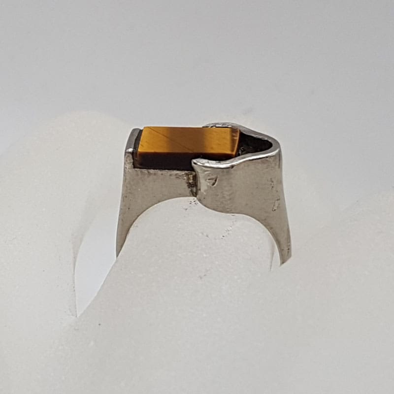 Sterling Silver Rectangular Tiger Eye Unusual Shape Ring - Antique / Vintage