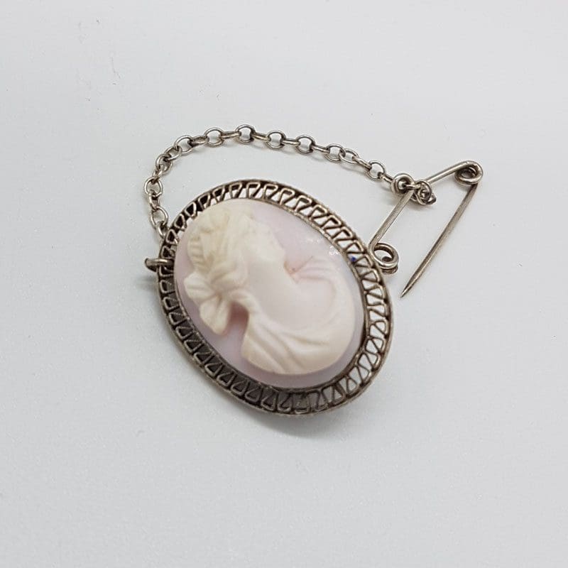 Sterling Silver Oval Ladies Head Cameo Brooch - Antique / Vintage