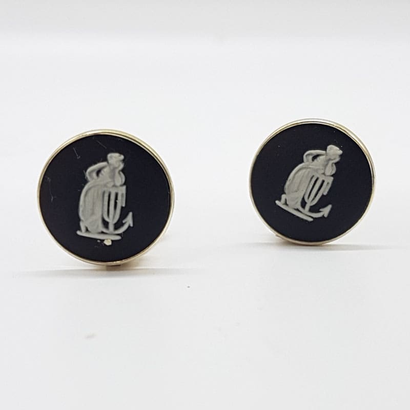 Sterling Silver Wedgwood Black Jasper Clip-On Earrings - Antique / Vintage