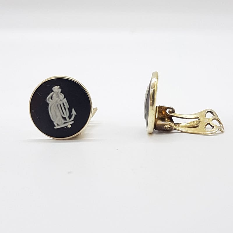 Sterling Silver Wedgwood Black Jasper Clip-On Earrings - Antique / Vintage