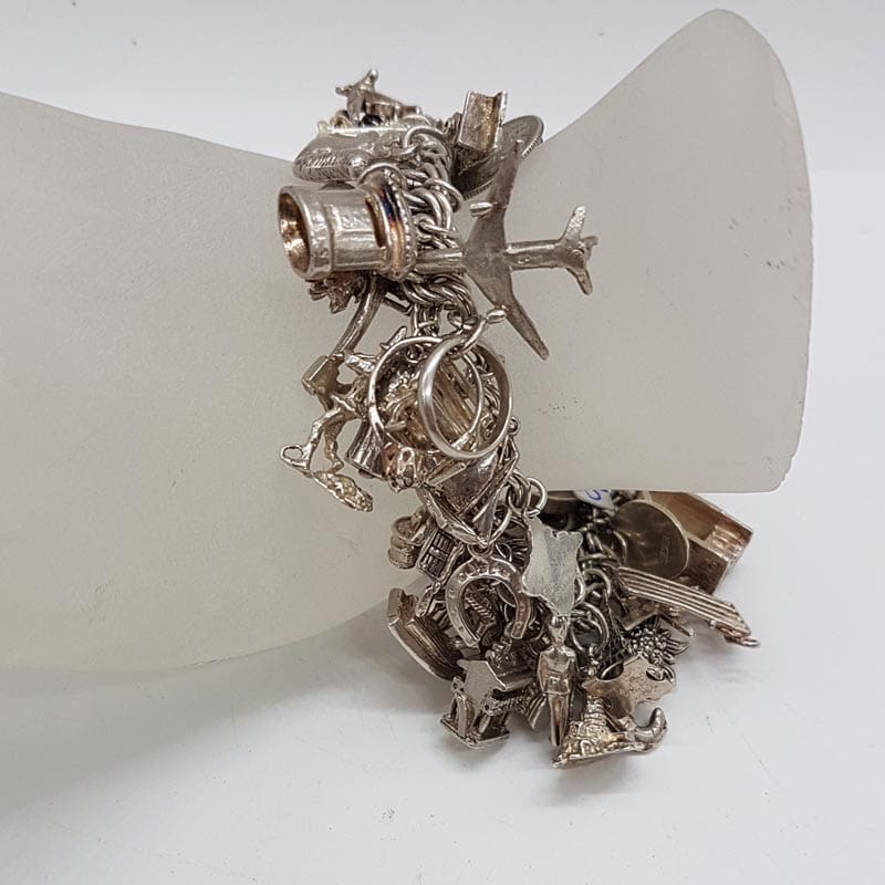 Sterling Silver Very Heavy Multi-Charm (approx 60) Bracelet Includes Many Fascinating Charms - Antique / Vintage