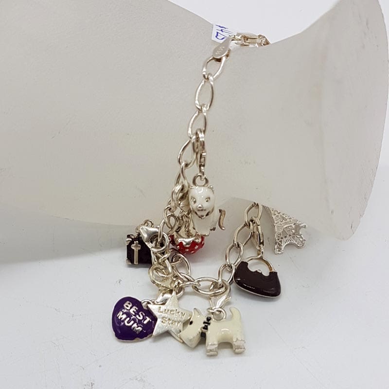 Sterling Silver Enamel 10 Multi-Charms Bracelet Includes Heart, Dog, Handbag Etc