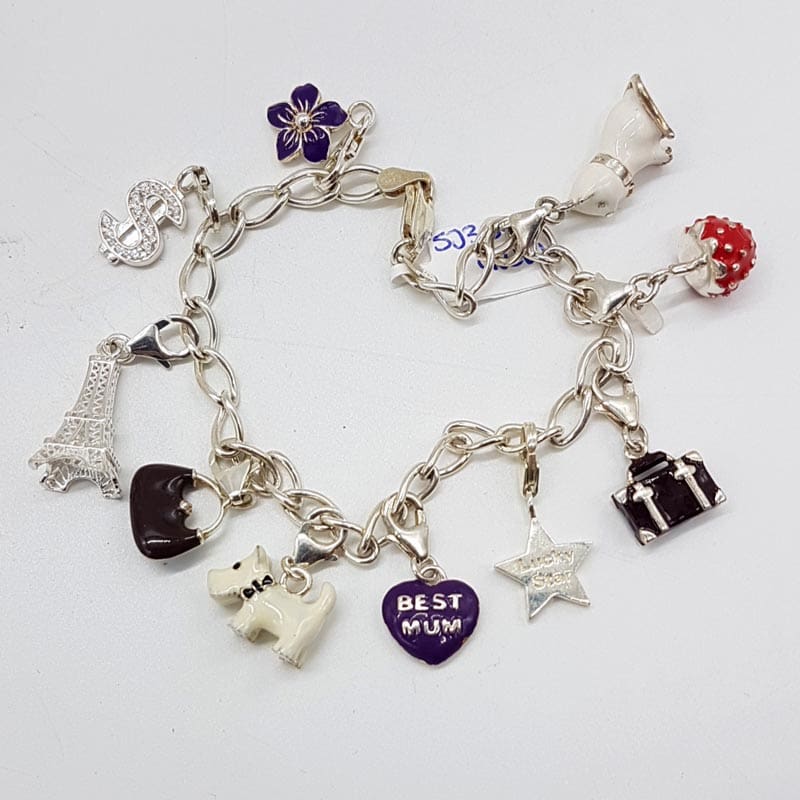 Sterling Silver Enamel 10 Multi-Charms Bracelet Includes Heart, Dog, Handbag Etc