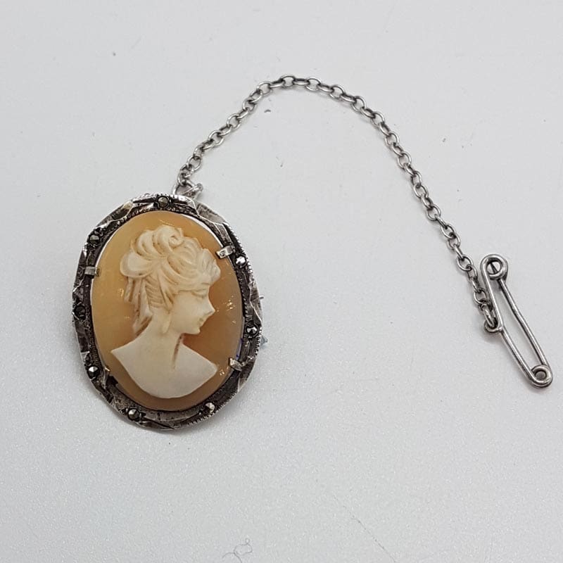 Sterling Silver Ladies Head Shell Cameo Brooch with Marcasite Rim - Antique / Vintage