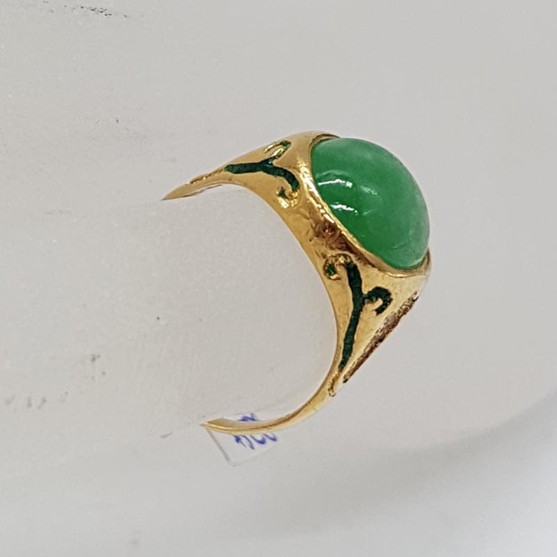 22ct Yellow Gold Natural Jade with Enamel Antique / Vintage Oval Ring