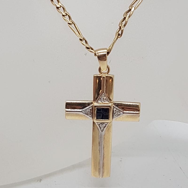 9ct Yellow Gold Natural Sapphire with Diamonds Large Cross / Crucifix Pendant on Gold Chain