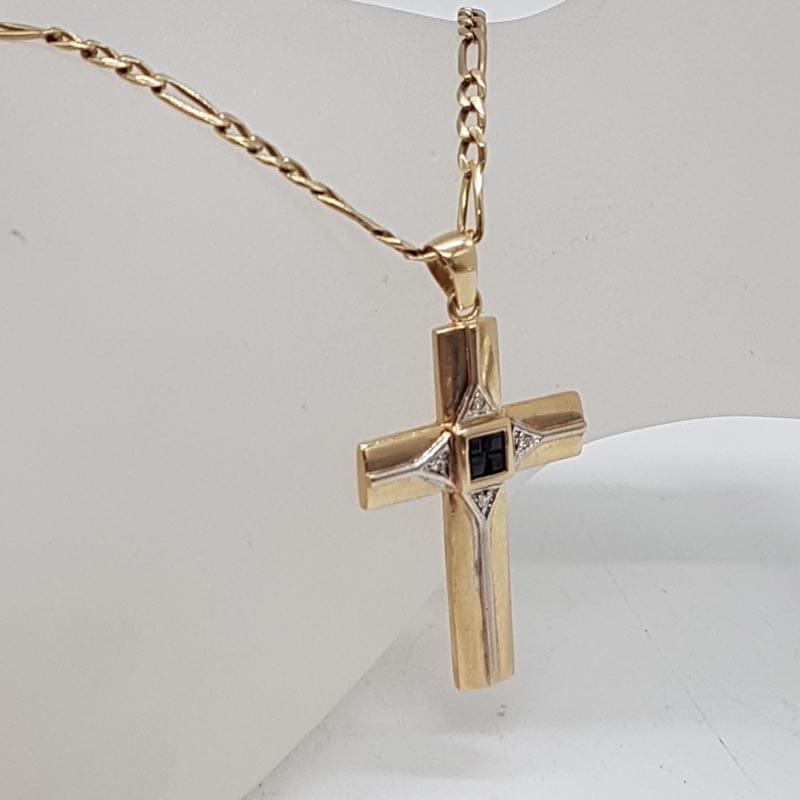 9ct Yellow Gold Natural Sapphire with Diamonds Large Cross / Crucifix Pendant on Gold Chain