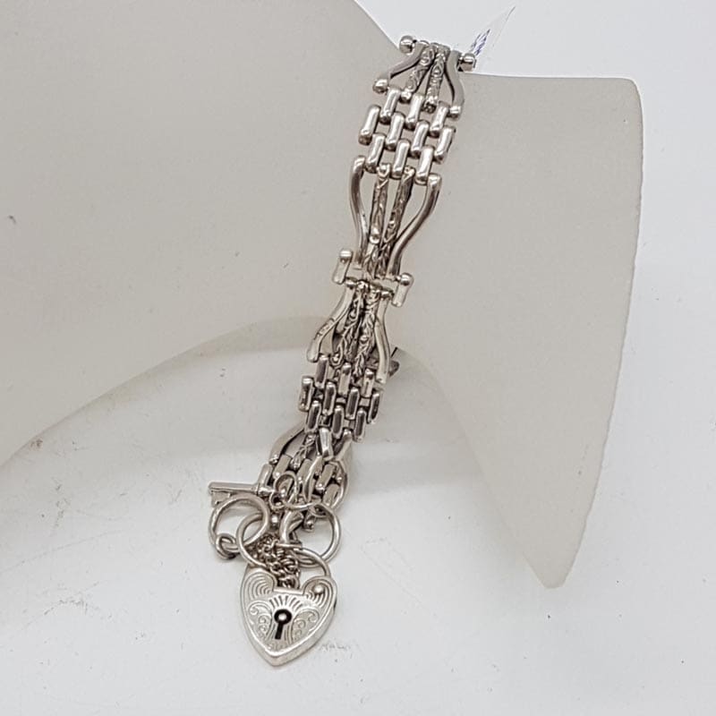 Sterling Silver Ornate Four Row Gate Link Bracelet with Heart Padlock - Vintage