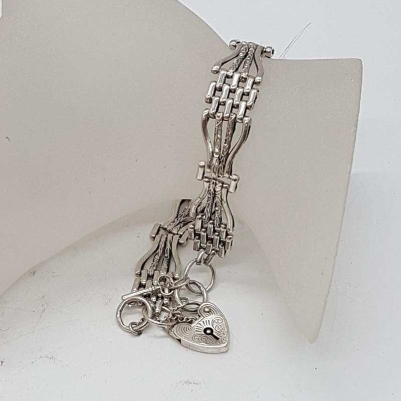 Sterling Silver Ornate Four Row Gate Link Bracelet with Heart Padlock - Vintage