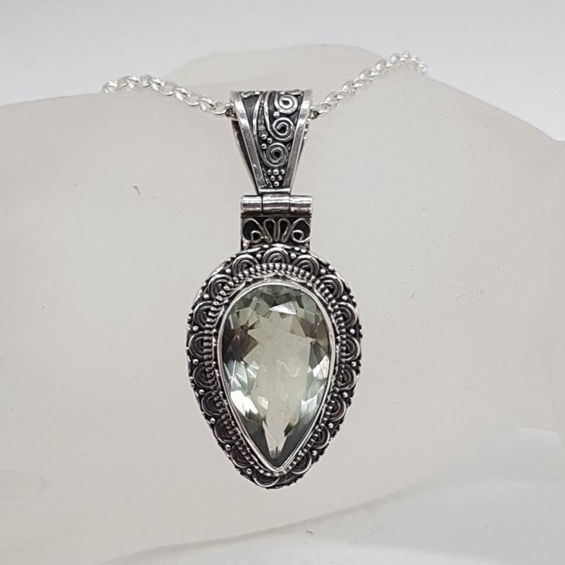 Sterling Silver Green Amethyst / Prasiolite Large Teardrop / Pear Shape Ornate Pendant on Silver Chain