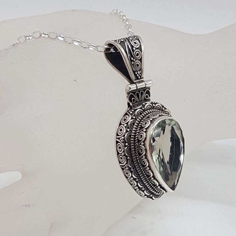 Sterling Silver Green Amethyst / Prasiolite Large Teardrop / Pear Shape Ornate Pendant on Silver Chain