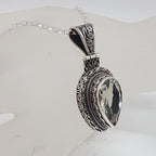 Sterling Silver Green Amethyst / Prasiolite Large Teardrop / Pear Shape Ornate Pendant on Silver Chain