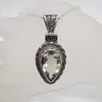 Sterling Silver Green Amethyst / Prasiolite Large Teardrop / Pear Shape Ornate Pendant on Silver Chain