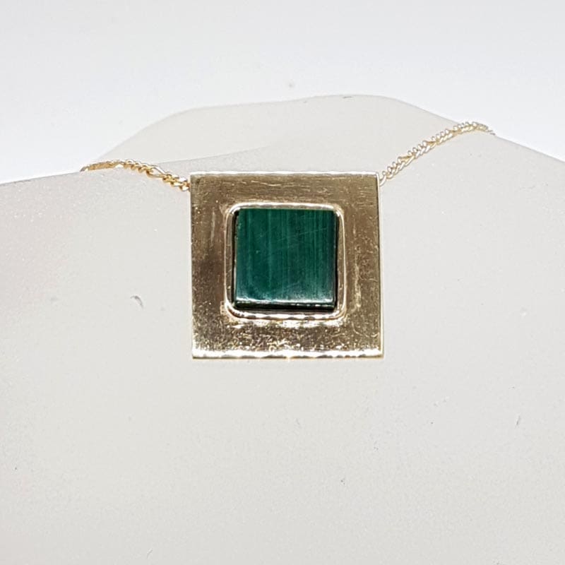 9ct Yellow Gold Square Malachite Pendant on Necklace / Chain