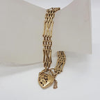 9ct Yellow Gold 4 Row Ornate Twist Design Gatelink Bracelet with Ornate Heart Padlock - Antique / Vintage