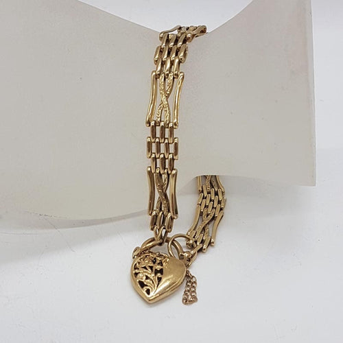 9ct Yellow Gold 4 Row Ornate Twist Design Gatelink Bracelet with Ornate Heart Padlock - Antique / Vintage