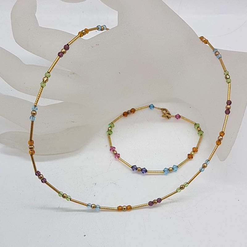 9ct Yellow Gold Multi-Coloured Crystal Beads Necklace / Chain and Bracelet Set