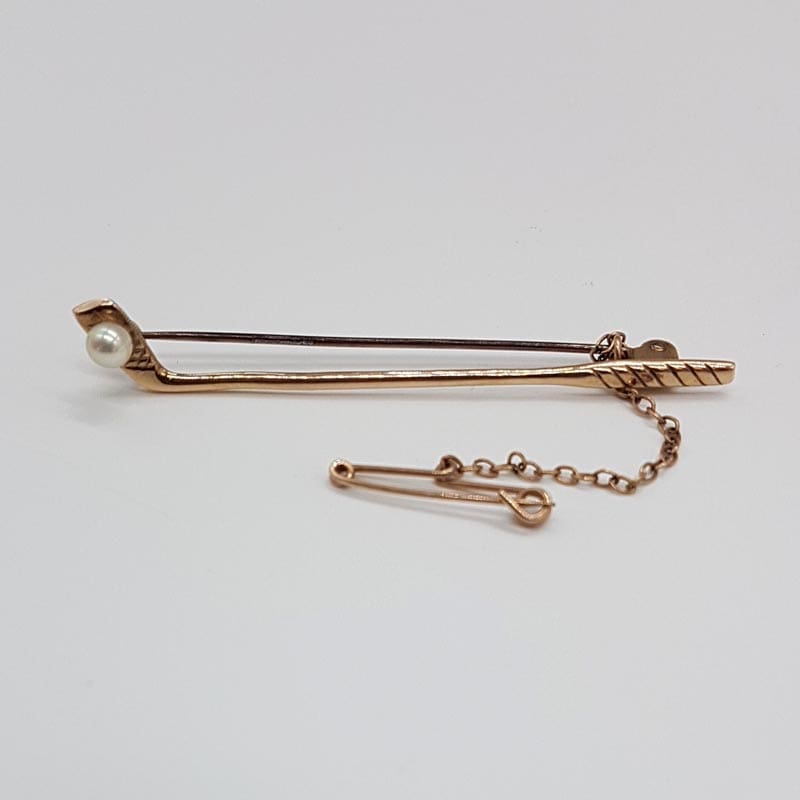 9ct Yellow Gold Akoya Cultured Pearl Golf Club Brooch / Tie Pin - Antique / Vintage