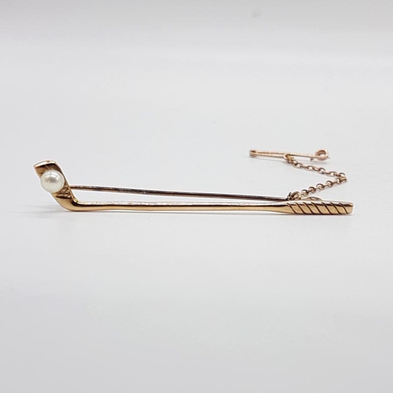 9ct Yellow Gold Akoya Cultured Pearl Golf Club Brooch / Tie Pin - Antique / Vintage