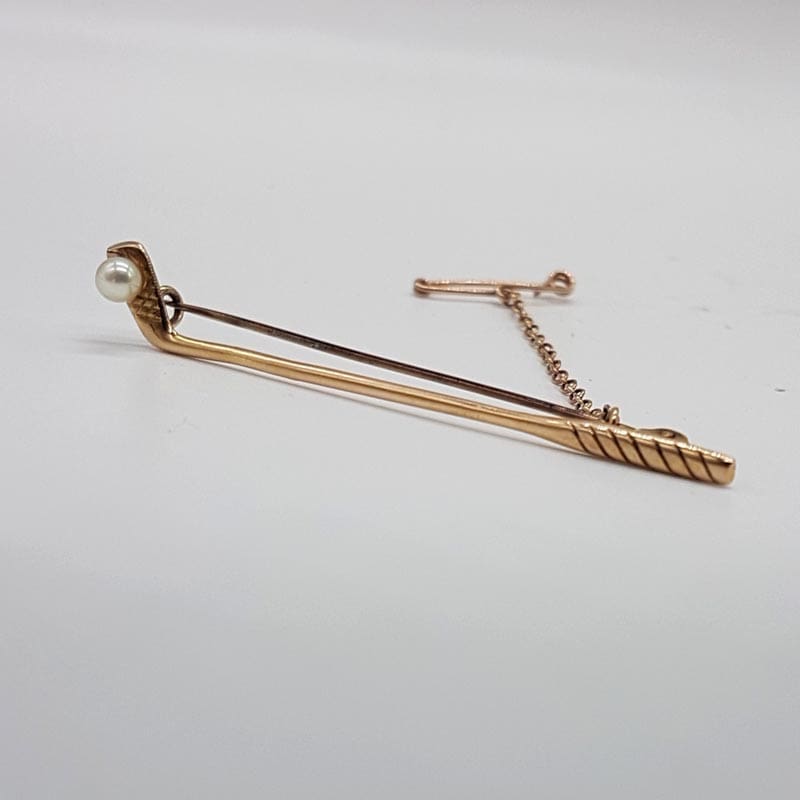 9ct Yellow Gold Akoya Cultured Pearl Golf Club Brooch / Tie Pin - Antique / Vintage