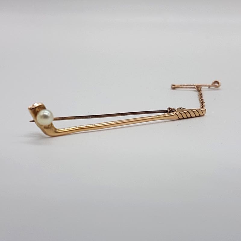 9ct Yellow Gold Akoya Cultured Pearl Golf Club Brooch / Tie Pin - Antique / Vintage