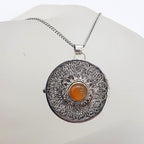 Sterling Silver Ornate Filigree Round Carnelian Locket Pendant on Silver Chain - Antique / Vintage