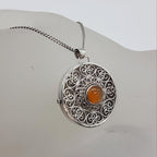 Sterling Silver Ornate Filigree Round Carnelian Locket Pendant on Silver Chain - Antique / Vintage
