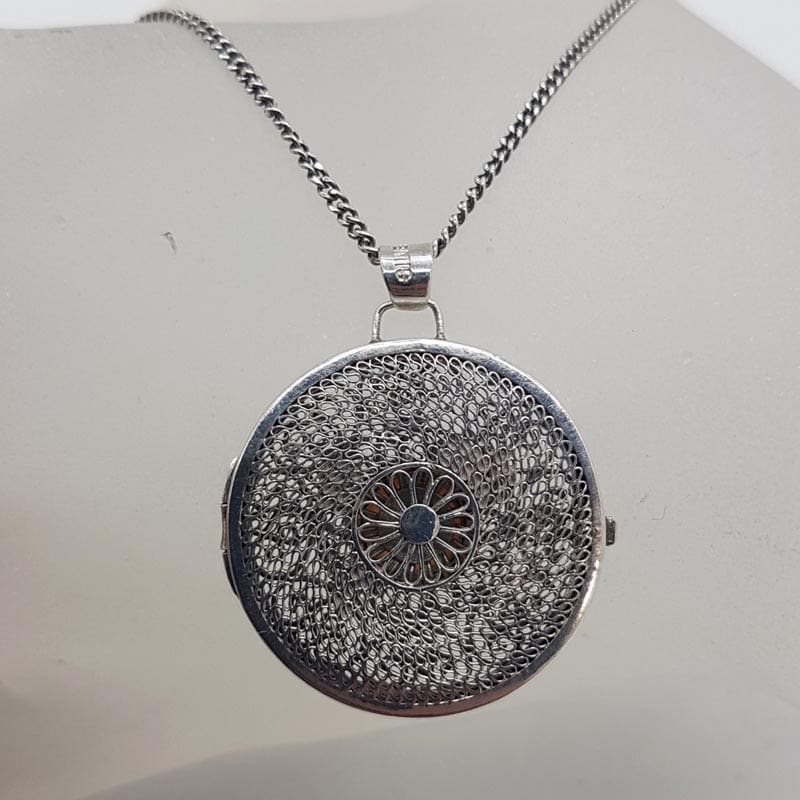 Sterling Silver Ornate Filigree Round Carnelian Locket Pendant on Silver Chain - Antique / Vintage