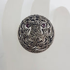 Sterling Silver Marcasite with Ruby Large Round Ornate Tiger / Panther / Puma / Big Cat Head Ring