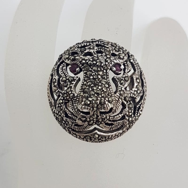 Sterling Silver Marcasite with Ruby Large Round Ornate Tiger / Panther / Puma / Big Cat Head Ring