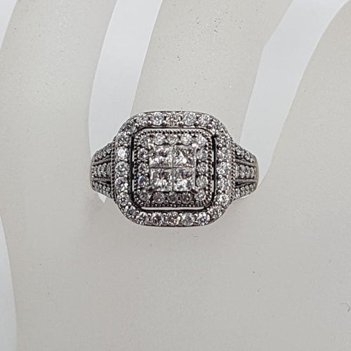 10ct White Gold Large Square Diamond Cluster Ring - Engagement Ring / Dress Ring