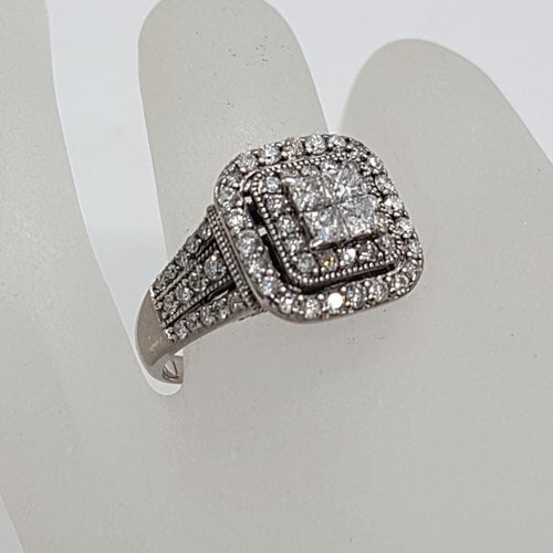 10ct White Gold Large Square Diamond Cluster Ring - Engagement Ring / Dress Ring