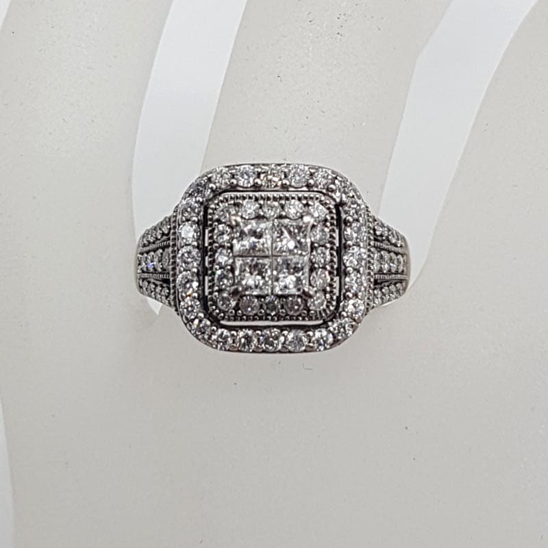 10ct White Gold Large Square Diamond Cluster Ring - Engagement Ring / Dress Ring