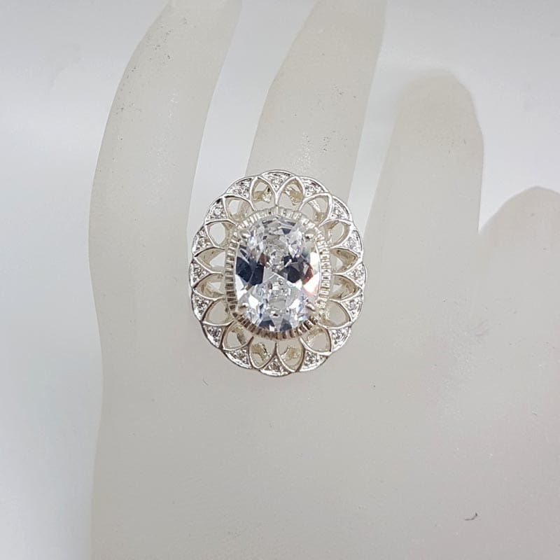 Sterling Silver Large Oval Ornate Twist Design Cubic Zirconia Ring
